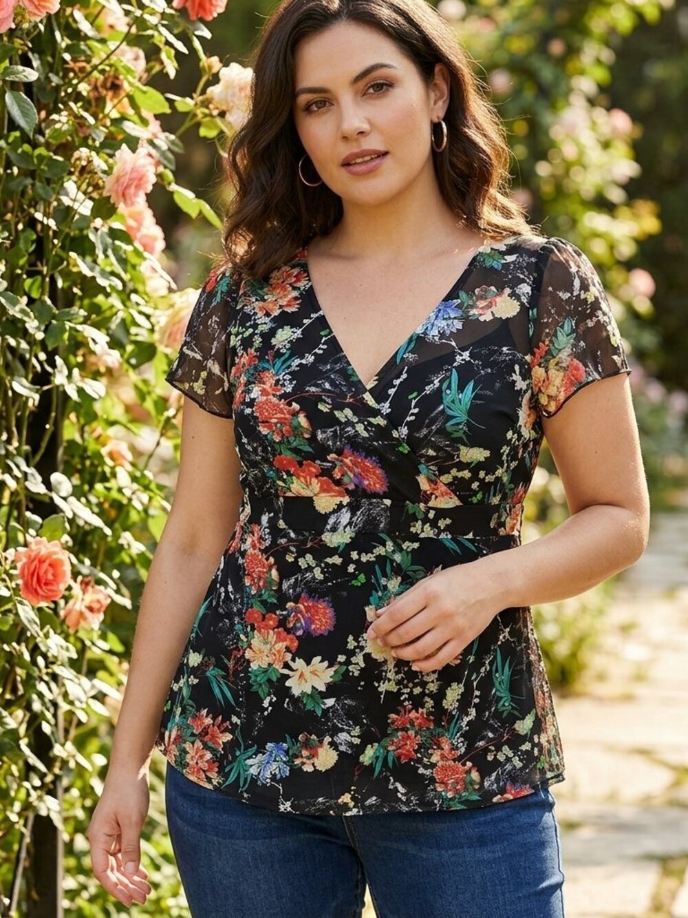 INC International Concepts Black Floral Top with Flutter Sleeves